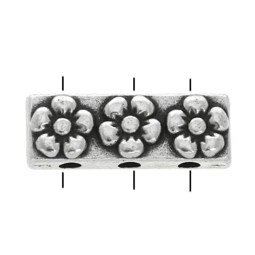 Entrepiezas rectangular 3 agujeros - estamapados flores 17x6 mm - Chapado Plateado envejecido x1