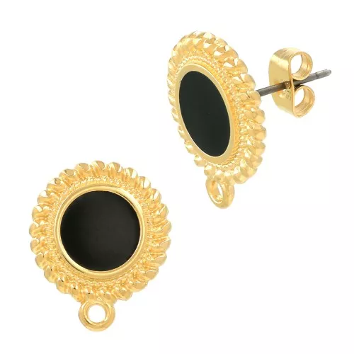 Pendientes redondos de resina étnico y epoxi 18x15mm Dorado con oro fino Negro x2