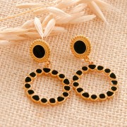 Pendientes redondos de resina étnico y epoxi 18x15mm Dorado con oro fino Negro x2