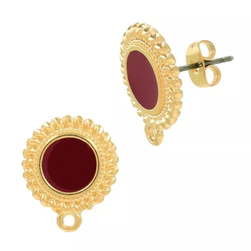 Pendientes redondos de resina étnico y epoxi 18x15mm Plateado envejecido Rojo x2