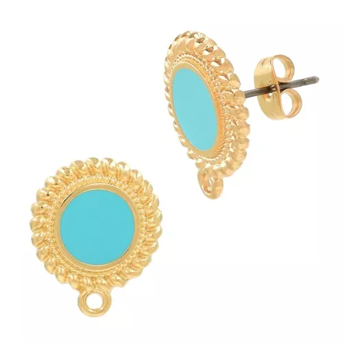 Pendientes redondos de resina étnico y epoxi 18x15mm Plateado envejecido Turquesa
