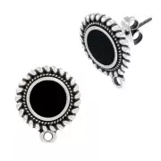 Pendientes redondos de resina étnico y epoxi 18x15mm Plateado envejecido Negro x2