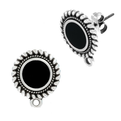 Pendientes redondos de resina étnico y epoxi 18x15mm Plateado envejecido Negro x2