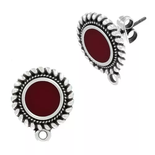 Pendientes redondos de resina étnico y epoxi 18x15mm Plateado envejecido Rojo x2