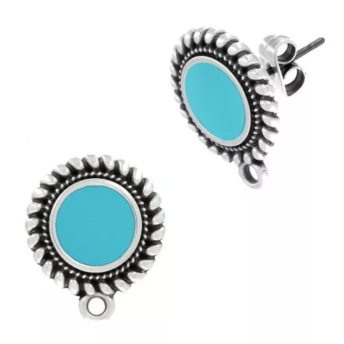 Pendientes redondos de resina étnico y epoxi 18x15mm Plateado envejecido Turquesa