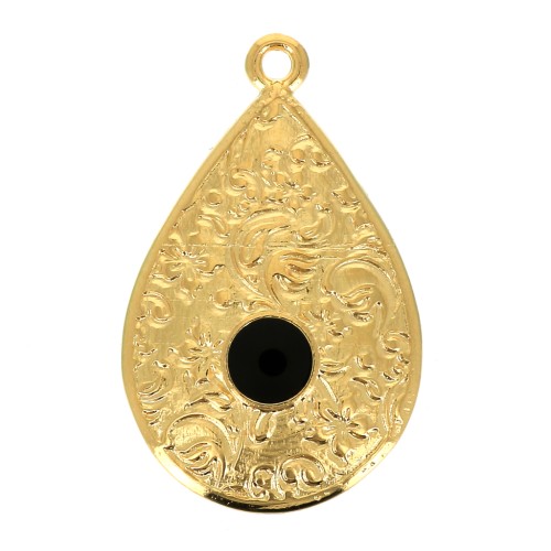 Colgante gota estampado floral y resina epoxi 28x17 mm - Dorado oro fino - Negro x1