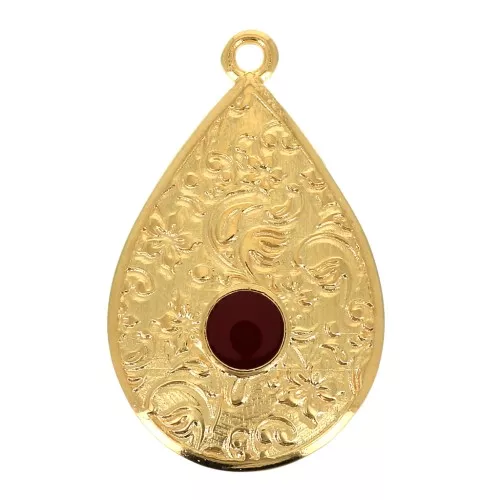 Colgante gota estampado floral y resina epoxi 28x17mm - Dorado oro fino - Rojo x1