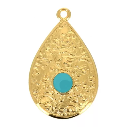 Colgante gota estampado floral & resina epoxi 28x17 mm Dorado oro fino - Turquesa