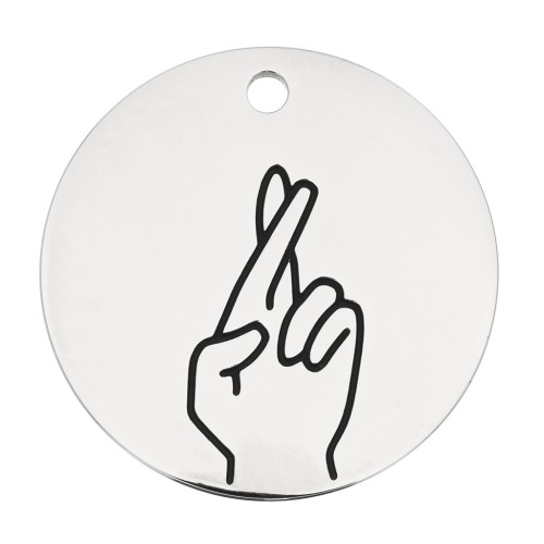 Colgante redondo estampado dedos cruzados 25 mm - Acero inoxidable 316L x1