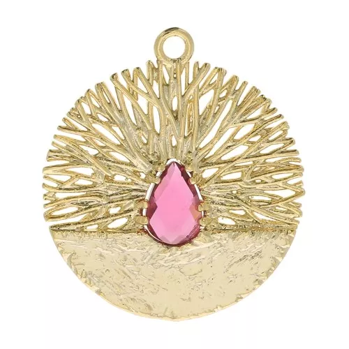 Colgante redondo trabajado con óxido de zirconio 21x19 mm - Dorado - Rojo x1
