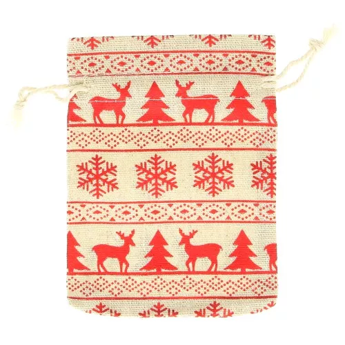 Bolsa pequeña de algodón estampado hojas para joyas 95x135 mm - Beige - Rojo x1
