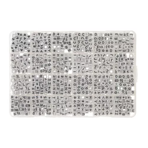 Surtido 1200 cuentas letras alfabeto y corazones forma cubo 6mm - Blanco - Negro
