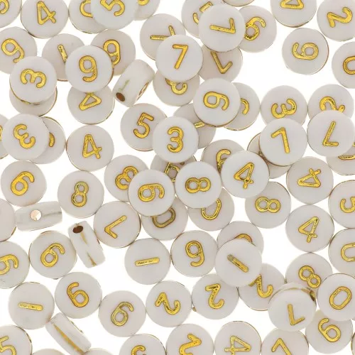 Surdido de 100 cuentas cifras redondas alfabeto 7 mm Blanco - Dorado