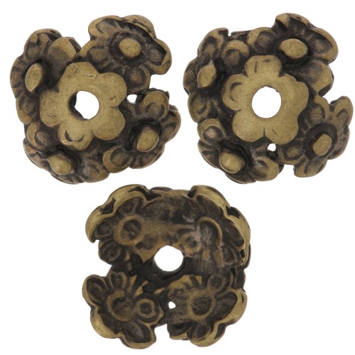 Casquillas adorno flores 12 mm cobrizo antiguo x4
