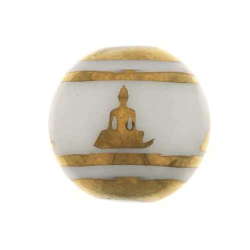 Cuentas de cristal redondas 10 mm - estampado Bouddha - Blanco - Dorado x4