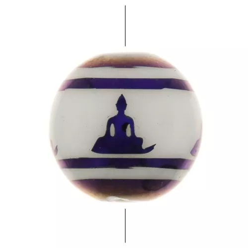Cuentas de cristal redondas 10 mm - estampado Bouddha - Blanco - Morado metalizado x4