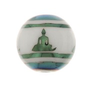 Cuentas de cristal redondas 10 mm - estampado Bouddha - Blanco - Verde bleu métallisé x4|raw }}
