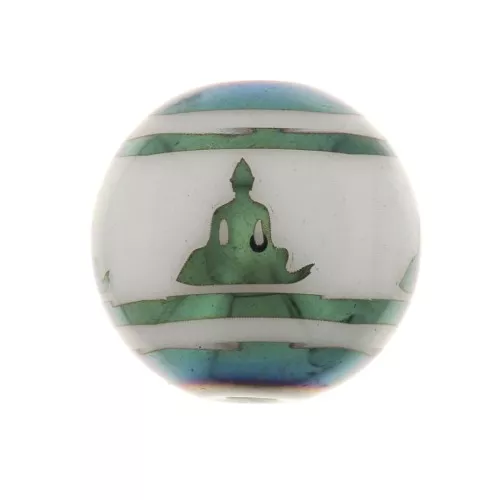 Cuentas de cristal redondas 10 mm - estampado Bouddha - Blanco - Verde bleu métallisé x4
