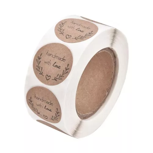 Rollo de etiquetas autoadhesivas de 25 mm Hecho a mano con amor - Marrón - Negro x500