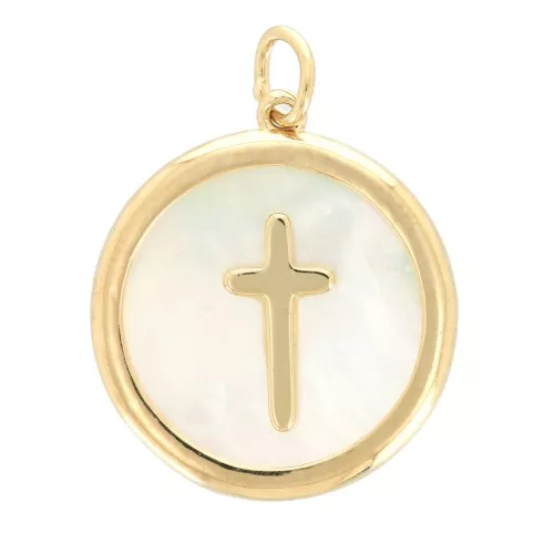 Colgante redondo de nácar 19x17 mm - motif croix - Chapado de Oro 3 micras x1