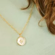 Colgante redondo de nácar 19x17 mm - motif oeil - Chapado de Oro 3 micras x1