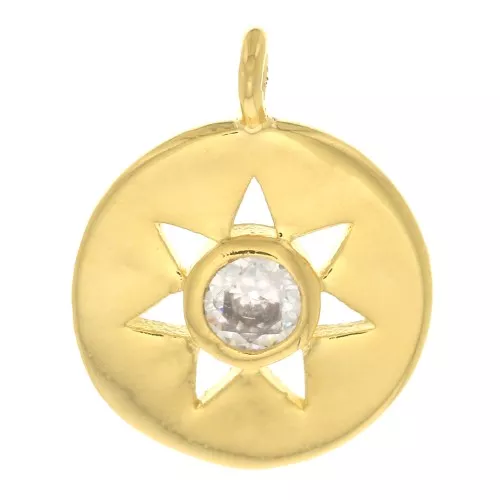 Dije redondo con sol calado y óxido de zirconio 13x10.5 mm - Dorado - Crystal x1
