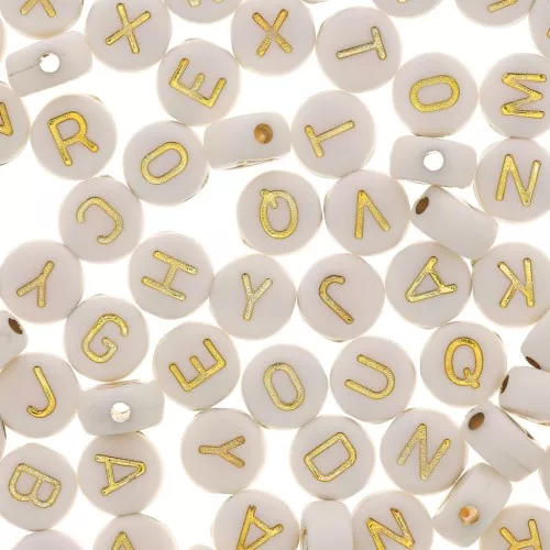 Surdido de 200 cuentas lettres alphabet redondas alfabeto 7 mm Blanco - Dorado