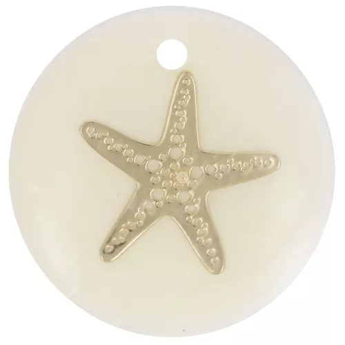 Sequin rond 16 mm de nácar y estampado estrella del mar resinado Dorado Natural x1