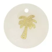 Sequin rond 16 mm de nácar y estampado palmera resinado - Dorado - Natural x1