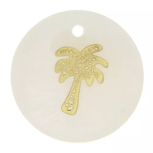 Sequin rond 16 mm de nácar y estampado palmera resinado - Dorado - Natural x1