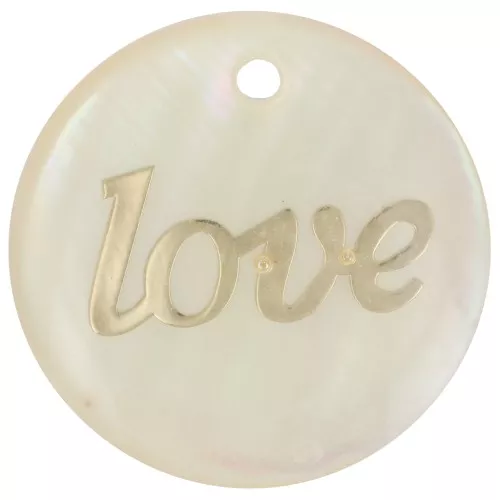 Colgante redondo 23 mm de nácar y estampado Love resinado - Dorado - Natural x1
