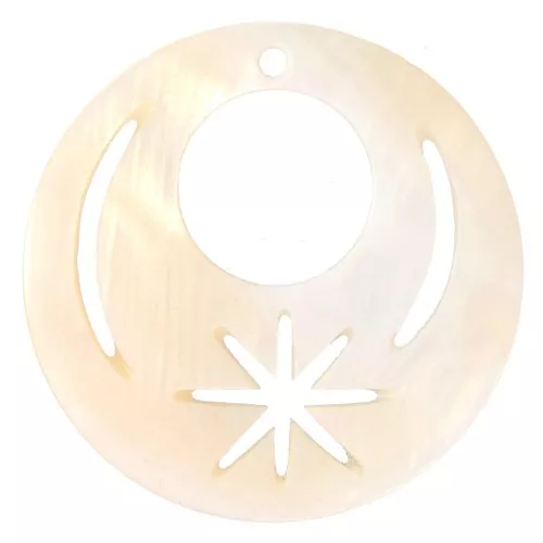 Colgante redondo 30 mm de nácar estampado estrella y luna calada - Natural x1