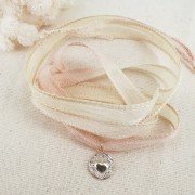 Cinta de seda 10 mm - Tie and dye - Crème - Rose pâle x85cm