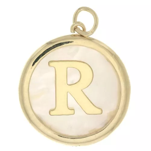 Colgante redondo de nácar 19x17 mm - estampado letra R - Chapado de Oro 3 micras x1