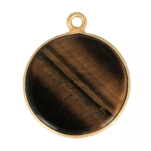Colgante redondo de piedra gema 16 mm - de Plata 925Dorado con oro fino - Oeil de tigre