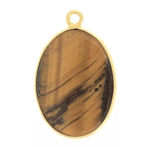 Colgante ovalado piedra gema 22x14mm Plata 925 Dorado con oro fino - Oeil de tigre
