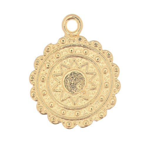 Dije redondo étnico 17x14 mm - estampado sol - Dorado con oro fino x1