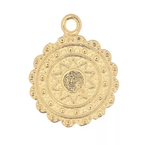 Dije redondo étnico 17x14 mm - estampado sol - Dorado con oro fino x1
