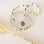 Colgante redondo plano 15 mm - escarabajo grabado exclu Perles & Co - Malachite - Doré x1