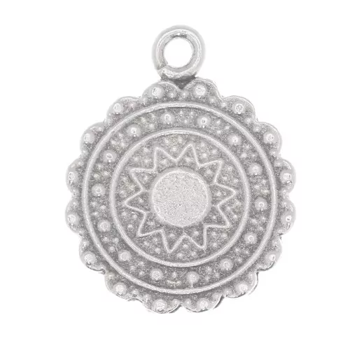 Dije redondo étnico 17x14 mm - estampado sol - Chapado Plateado envejecido