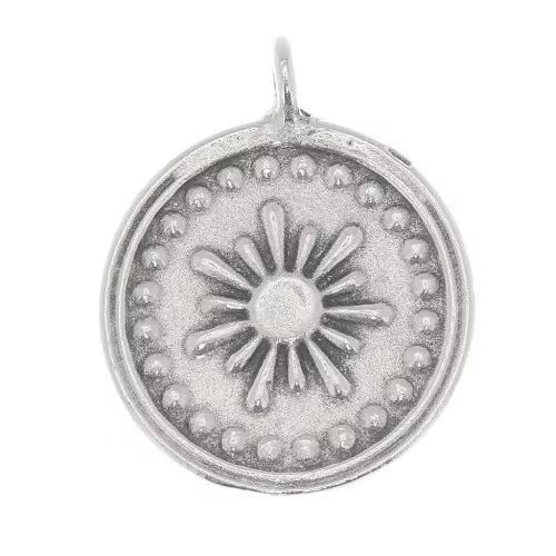 Dije redondo 18x15 mm - estampado sol - Chapado Plateado envejecido