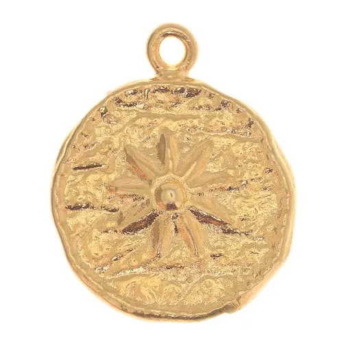 Dije redondo irregular 15 mm - estampado flor - Dorado à l'or fin x1