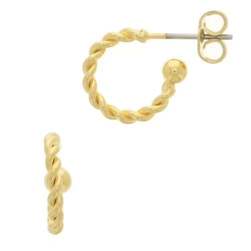 Mini aros cuerda retorcida con bola pequeña 11 mm Dorado con oro fino x2