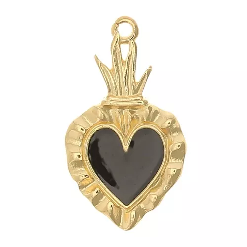 Colgante corazón Ex-voto 27x15 mm - Dorado con oro fino - Negro x1