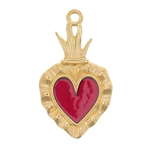 Colgante corazón Ex-voto 27x15 mm - Dorado con oro fino - Rojo x1