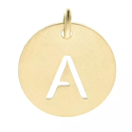 Colgante redondo 12 mm - letra A - con anilla - Acero inoxidable 304 Dorado x1