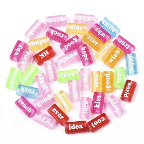 Surtido de 60 cuentas rectangulares palabras al azar 15x7,5 mm Transparente Multicolor