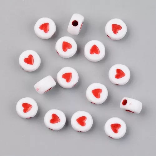 Surtido de 20 cuentas redondas de corazón - 7 mm - Blanco - Rojo