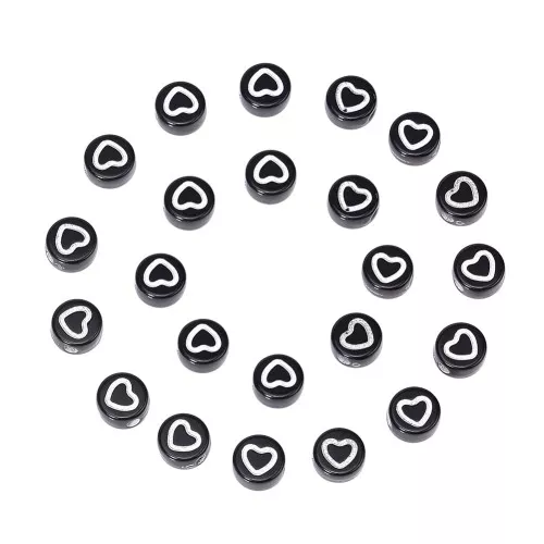 Surtido de 20 cuentas redondas de corazón - 7 mm - Negro - Blanco