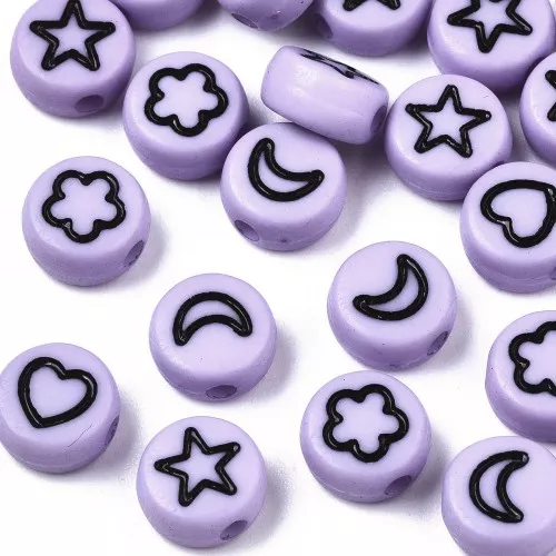 Surtido de 20 cuentas redondas mixtas estrellas y corazones 7mm - Morado - Negro